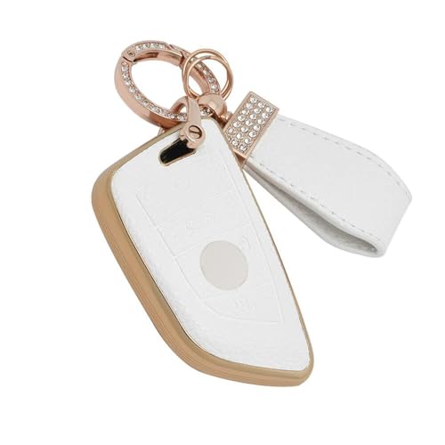 Image of Keyzone Litchi Leather Textured TPU Key Cover & Keychain for BMW 4-Button Smart Keys (White)