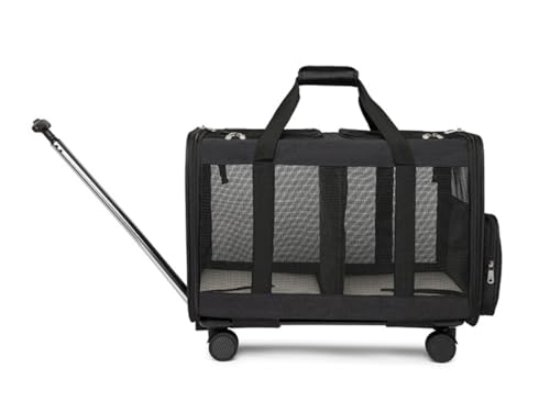猫 ペット用 リュック キャスター付き 二層トロリーバッグ 2匹 ペット 折りたたみ可 通気性 安定性 小型犬 猫 小動物 大容量 旅行 通院 災害避難用ペットバッグ (Black)