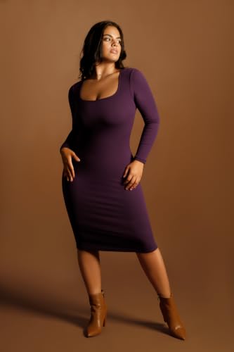 Image of Popilush Long Sleeve Midi Dresses for Women, Built-in Bra Shapewear Dress | Bodycon, Tummy Control, Square Neck, Cocktail Party and Dinners
