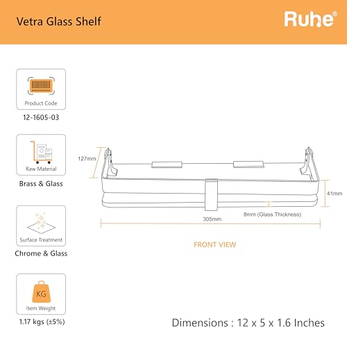 Image of Ruhe Premium Vetra Bathroom Glass Shelf | Multipurpose Wall Mounted Shelves Rack for Kitchen /Living Room - Bathroom Accessories 12 x 5 inches (Chrome Finish)