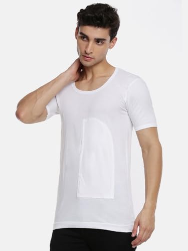Image of RAMRAJ COTTON Men White Round Neck Half Sleeve Undershirt Vest With Pocket In Supersoft Cotton