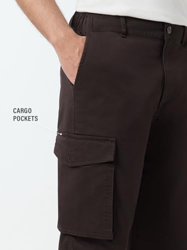 Image of The Souled Store Cargo Pants: Espresso Men and Boys Elastic Waistband Brown Solid Twill Stretchable Lightweight Everyday Wear Casual Cotton Straight Fit Cargo Pants