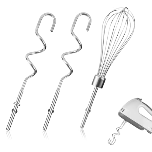 Lyreh 2pcs Hand Mixer Dough Hooks, Stainless Steel Dough Hook Beaters Replacement with 1pcs Wire Rod Hand Mixer Whisk Attachments for KHM 5KSM KSM KSMO KSMH