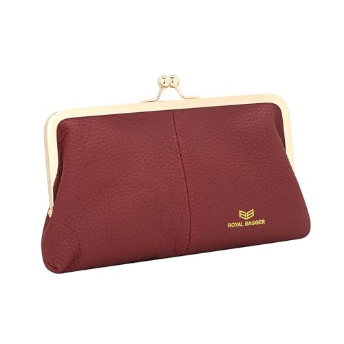 Image of Royal Bagger RFID Kiss Lock Wallet, Solid Color Multi-card Slots Card Holder, Genuine Cow Leather Clutch Purses for Women 1468 (Red)