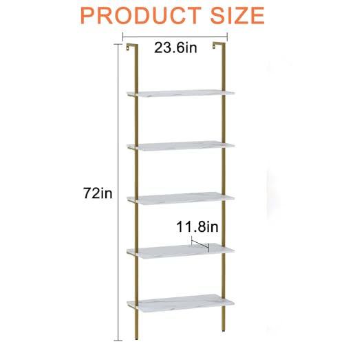 5 Tiers Ladder Shelf White Marble Modern Bookshelf Open Tall Wall Mount Bookcase Standing Leaning Wall Shelves Industrial Decorative