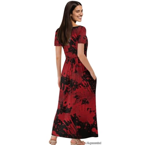 Image of Women's Fall Summer Short Sleeve Ankle Length V-Neck Party Dress with Pockets Size S-3XL