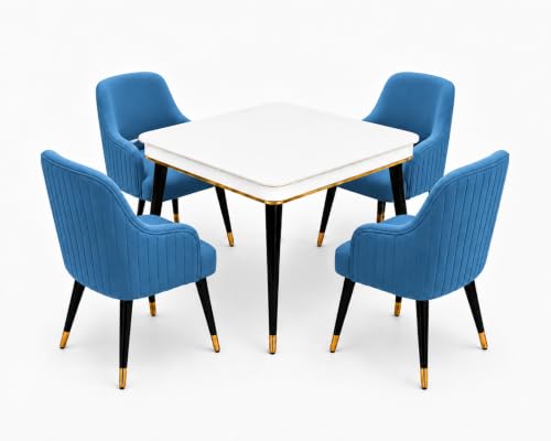 Image of WOODEN SPACE 4 Seater Wooden Dining Table Set | Urban Marble Top Dining Table with Chairs for Dining Room & Kitchen (Modern Zyro Blue) (42 x 42 x 30 inch)