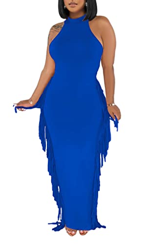Image of YUEWOO 2 Piece Outfits for Women Sexy Crop Top Ruched Bodycon Maxi Dresses Fringe Skirt Sets Night Club Jumpsuits
