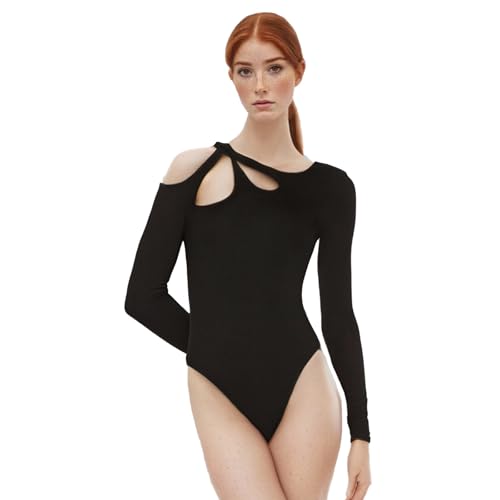 PAIDAXING Body sexy para mujer, con hombros descubiertos, manga larga, parte superior para salir, de una sola pieza, leotardo ajustado y ajustado para mujer, ropa de club, ropa de calle, Negro, S