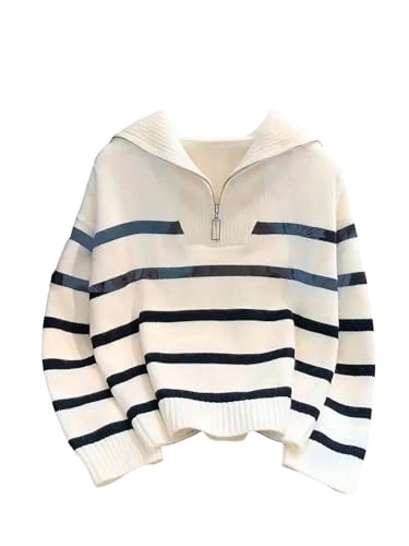 SOLY HUX Women's Striped Long Sleeve Sweater Quarter Zip Drop Shoulder Pullover Tops Preppy Clothes