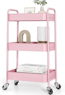 TOOLF 3-Tier Metal Rolling Cart with Wheels, Storage Utility Organizer Cart for Kitchen, Bathroom, Office, Baby Essentials & Makeup - Lockable Casters, Easy Assembly, Large Capacity, Pink