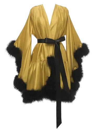 Molisa Women's Feather Fur Robe Silk Satin Bridal Dress Gown Short Lingerie Nightgown Bathrobe Sleepwear Maternity Robe S/M