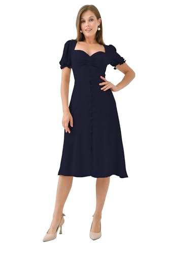 Image of Shasmi Girl's & Women's Solid Midi Dress - Elegant Square Neck Button-Down Dress with Puff Short Sleeves | Stylish Casual & Party & Office Wear Outfit (Dress 105)