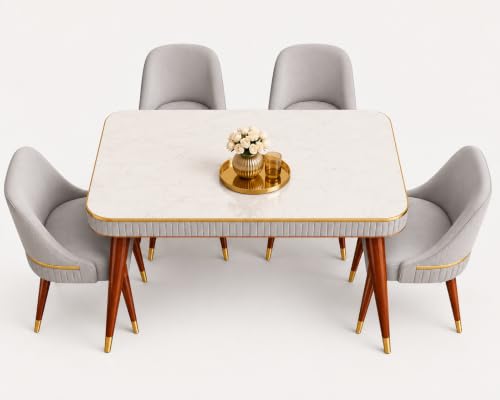 Image of WOODEN SPACE Majestic 4 Seater Wooden Dining Table Set | Urban Marble Top Dining Table with Chairs for Dining Room & Kitchen (Modern Grand Aura Light Grey) (54 x 36 x 30 inch)