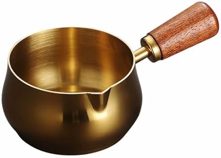 Espresso Measuring Cup, 6OZ/180ML Stainless Steel Espresso Coffee Cups with Wooden Handle and V-Shaped Mouth for Making Sauces Reheating Soup Heating Milk. (Gold)