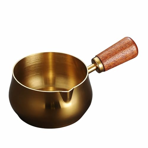 Espresso Measuring Cup, 6OZ/180ML Stainless Steel Espresso Coffee Cups with Wooden Handle and V-Shaped Mouth for Making Sauces Reheating Soup Heating Milk. (Gold)