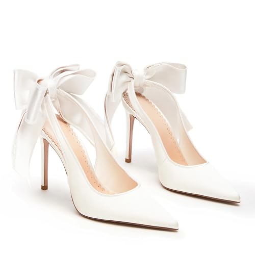 Wedding Shoes for Bridal Satin Back Bow Heels Closed Pointed Toe Stiletto High Heel Pumps Slip On Dress Shoes
