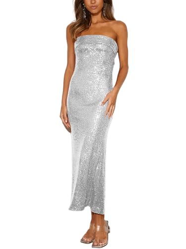 Women Strapless midi Sequin Dresses Bodycon Sleeveless Wedding Guest Sparkly Glitter Formal Cocktail Dress