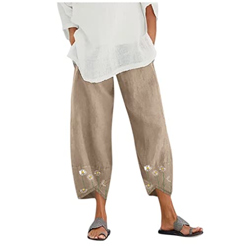 Women Boho Trousers Leg Waist Cotton Women Embroidery Print Linen Pants Daisy Elastic Casual Wide Pants