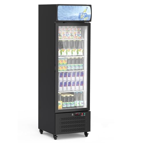 Image of 11.3 Cu.Ft Commercial Display Refrigerator,Glass Door Beverage Cooler with Adjustable Shelves,LED Lighting & Advertising Panel, Mobile Design, Black