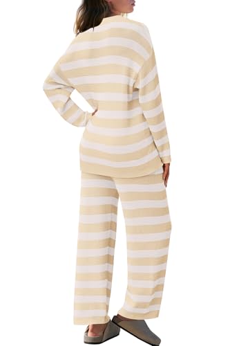 Image of SENSERISE Womens Striped Set Sweater Lounge Sets | Pajamas Set, Loungewear Set, Oversized Knit Sweater, Wide Leg Pants with Pockets, Fall Outfits, Pants Set