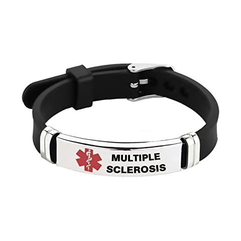 Chili Jewelry Men's Red Medical Alert ID Multiple Sclerosis Bracelet for Women Emergency First Aid Laser Engraved Stainless Steel Adjustable Silicone Wristband Bracelets Cover