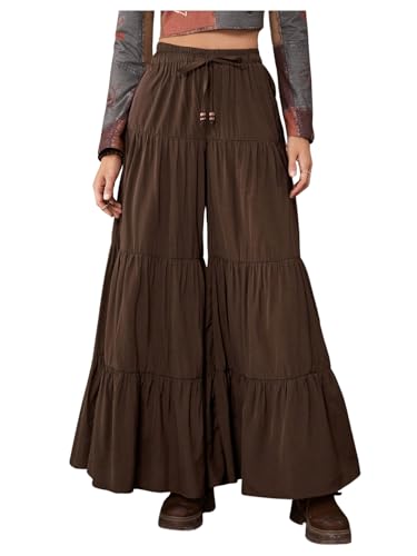 SHENHE Women's Tiered Ruffle Hem Wide Leg Pants Elastic Waist Flowy Palazzo Boho Pants