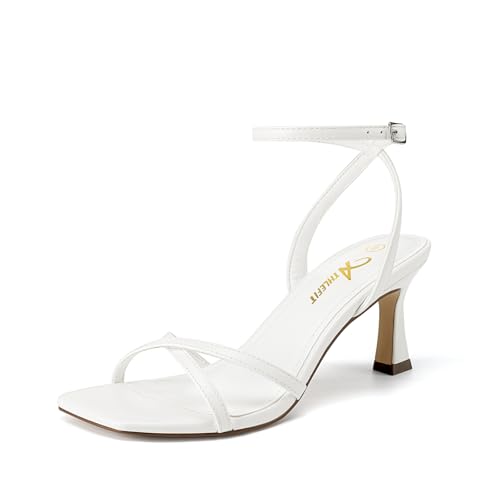 Athlefit White Kitten Heels for Women Square Open Toe Strappy High Heels Comfortable Dressy Summer Wedding Ankle Strap Heeled Sandals Size 8