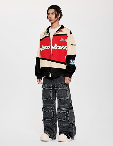 Vamtac Mens Varsity Baseball Jacket Bomber Cotton Vintage Racing Coats Streetwear with Pocket