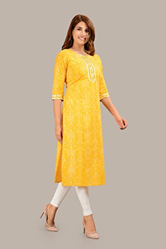 Image of COTLAND Fashions Jaipuri Cotton Straight Printed Kurta for Women (Sunflower Yellow)
