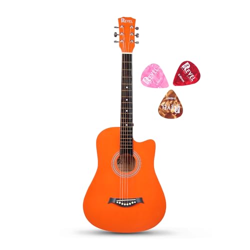 Image of Revel 38 Inch Glossy Acoustic Guitar for Beginners and Professionals with Signature Guitar Feel, Westwood Guitar Style Set with Picks. (ORANGE)