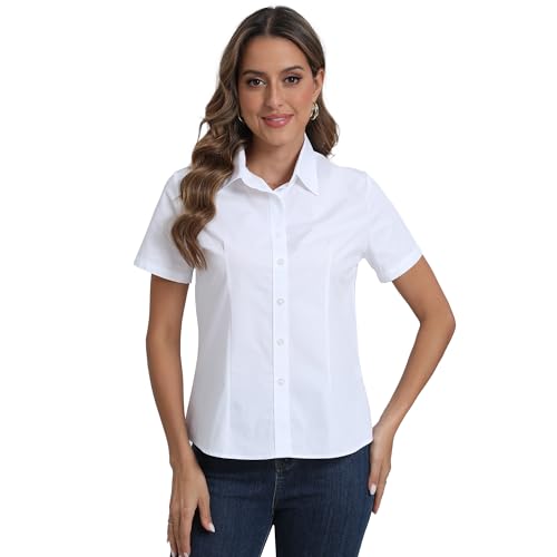 SUNNOW Women's Button Down Shirt Tailored Short Sleeve Slim Fit Blouse Wrinkle Free Office Formal Work Blouses Top