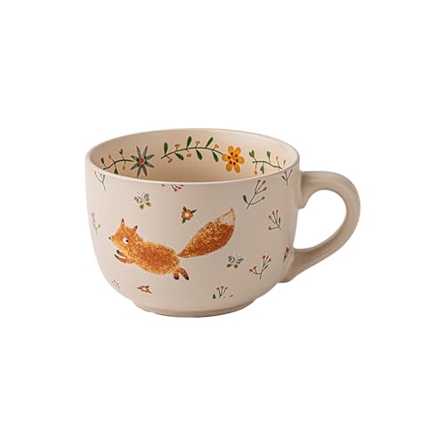 QIXCOZTI Lovely Ceramic Coffee Mugs, Playful Animal Design Pottery Cup, Microwave & Dishwasher Safe Ideal Gifts for Women (Sprint Fox Breakfast Mug)