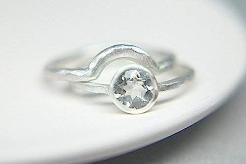 White Topaz Hand Carved Wedding Set - Engagement Ring and Wedding Band