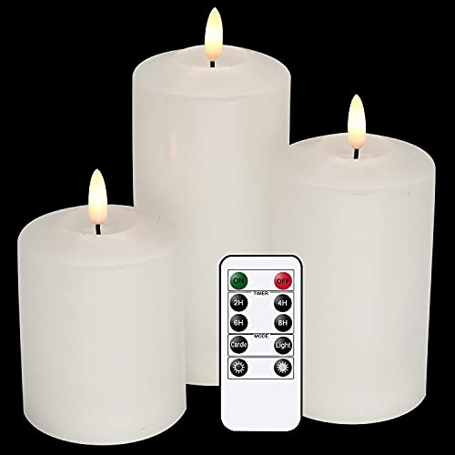Image of GenSwin 3D Wick Flameless Flickering Candles Battery Operated with Remote Timer, Real Wax Pillar LED Votive Candles Warm Light, Set of 3 Party /Wedding /Home Decor(White, D3 inch x H4.6 inch 5.8 inch 6.8 inch)