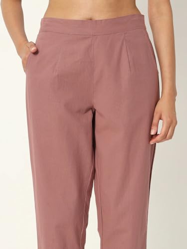 Image of Women's Solid Straight Fit 100% Cotton Trousers | High Waist, Side Pockets, Ankle Length Pants for Office, Casual