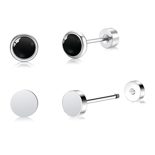 BLISI 2 Pairs Titanium Flat Back Earring - Black Onyx & Silver Dot Earrings Silver Disc Stud Earrings for Men & Women -Hypoallergenic Trendy Earring Ideal for Daily Wear Parties & Ideal Gifts for Mom