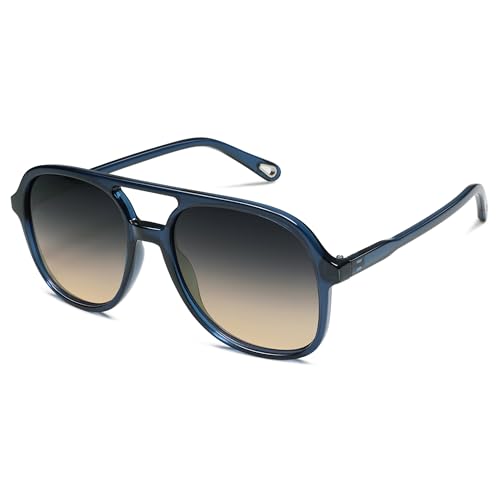 SOJOS Retro Square Polarized Óculos de sol grandes mulher homem 70s vintage Double Bridge óculos de sol SJ2174, Azul escuro/cinzento gradiente castanho, M