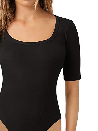 Verdusa Women's Basic Short Sleeve Scoop Neck Jumpsuits Leotard Bodysuit Shirts Black S #TOP3