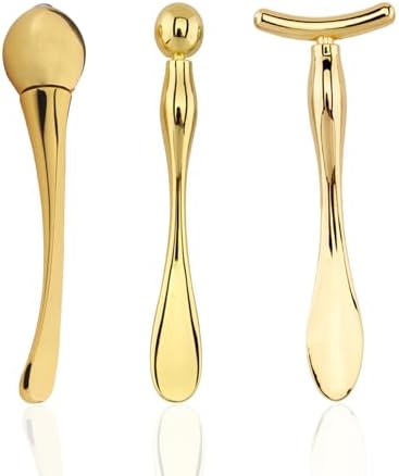 BetterJonny 3Pcs Metal Eye Cream Applicator Roller Wand Stick, Cosmetics Spoon Eye Cream Massager Wand Girls Women Facial Massager for Fatigue Relief Reduce Puffiness (Gold)