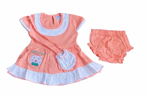 Image of Baby Girls Frock Dress with Bloomer Set | Short Sleeve Polka Dot Inner Layer & Bow Detail Special for 0-6 Months