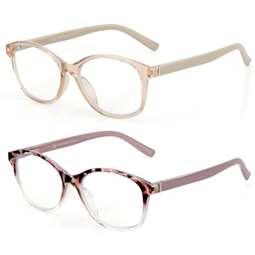 Image of SKYOAK 2 Pack Vibrant Progressive Multifocus Reading Glasses Women, Stylish Spring Hinge Multifocal Readers, Lightweight Anti Blue Light Computer Eyeglasses for Near Range (Pink & Tortoise, 2.0x)