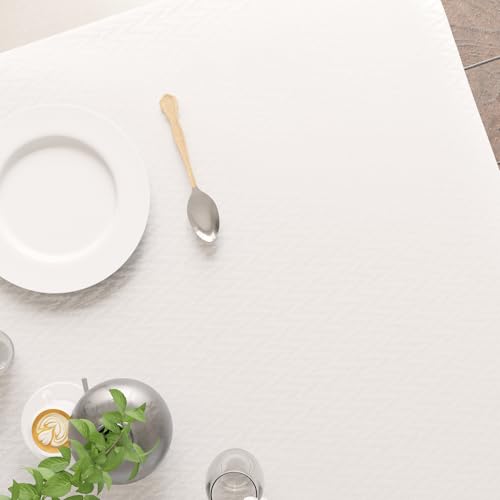 Image of Encasa XO Dining Table Cover Rectangular 120x120 cm | Waterproof Textured Polyester Dining Table Cloth | Machine Washable Tablecloth | ZZ White