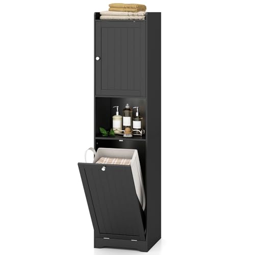 LIFEZEAL Badezimmerschrank, Hochschrank mit Wäschekorb & Regal, Schmaler...