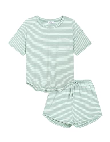Image of KCW Pajamas for Women Set 2 Piece 100% Cotton Lounge Sets Short Sleeve Top and Shorts Pj Set Sleepwear Outfits