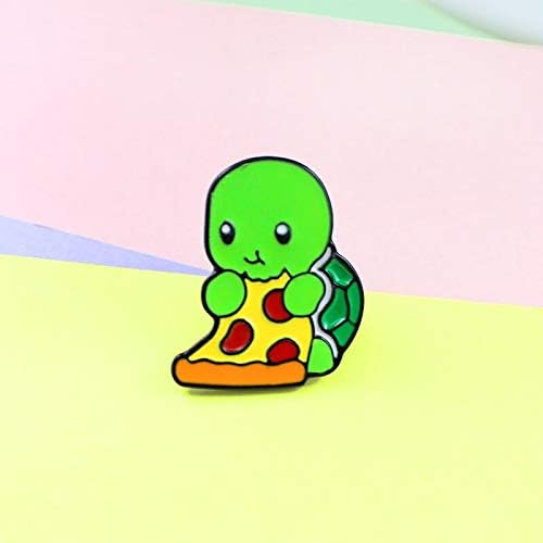 Miniatura 6 de Broches lindos de tortuga verde para mujeres y niñas, tortuga introvertida comiendo pizza joyería para niños bolsa camisa solapa esmalte alfileres