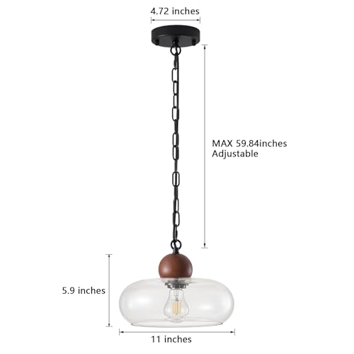 Image of MWZ Modern Farmhouse Pendant Light Kitchen Island with Wood Accent, 11 inchLarge Clear Glass Hanging Ceiling Light for Dining Room,Rustic Industrial 1-Light Chandeliers Fixture, Adjustable Chain,E26 Base