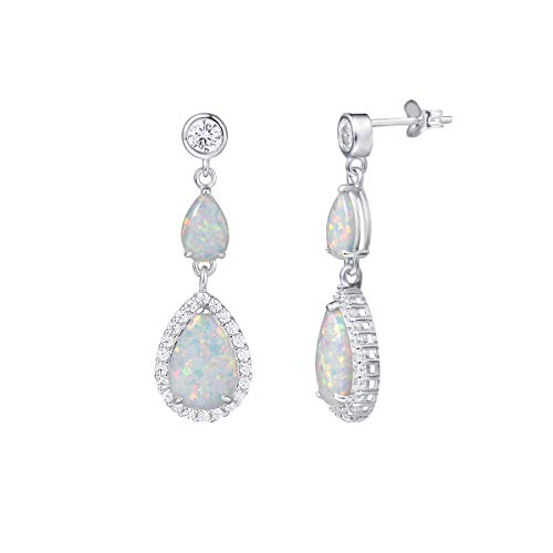 Fancime Created Opal Earrings Sterling Silver 2 Stones White Fire Opal Halo Cubic Zirconia Water Drop Pear Shape Teardrop Hook Earrings October Birthstone Jewelry For Women #TOP25