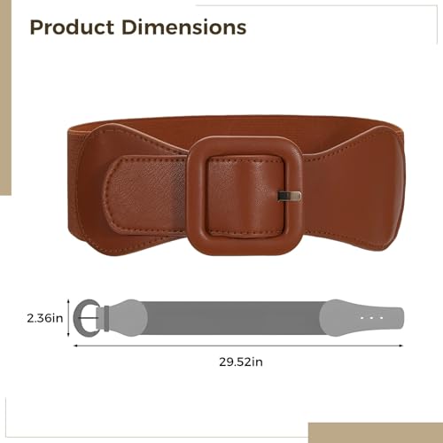 3 Elastic Waist Belts With Square Buckles, Pu Leather Cinch Belts For Women, Stretchy Waistband For Dresses & Tops, 29.5 X 2.4 Inches4