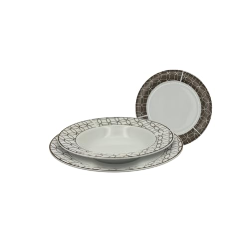 Omniacasa Brill Tortora – Servizio piatti in porcellana 18 pezzi (6 piani Ø24, 6 fondi Ø22, 6 dessert Ø19) – finitura lucida, design geometrico, adatti a lavastoviglie e microonde